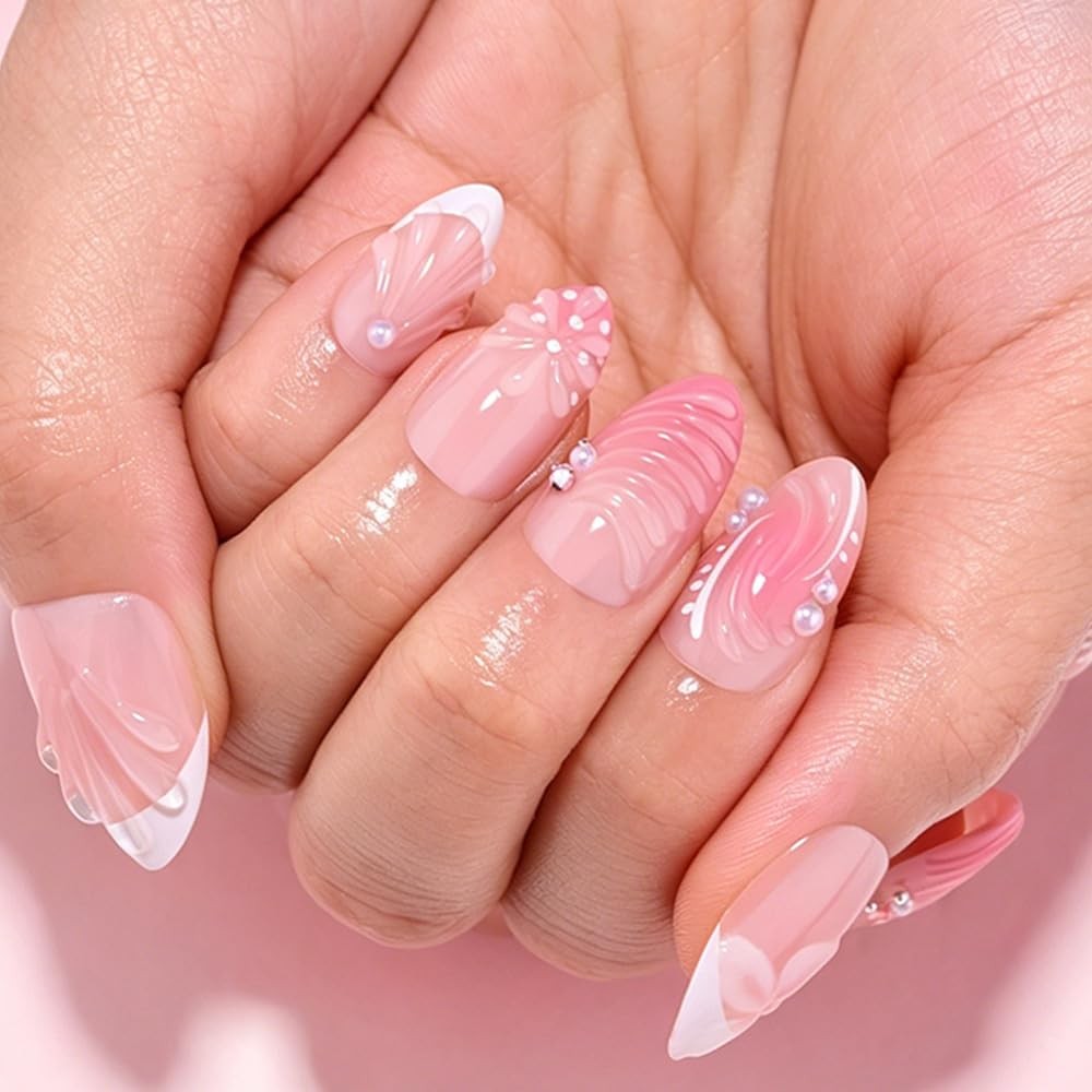 evpct Short Almond Press On Nails Flower Wave
