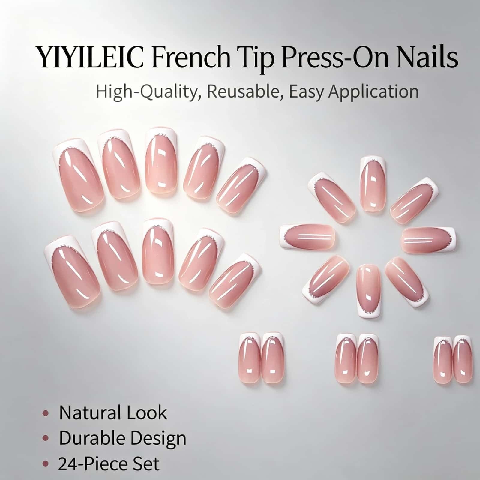 24PCS French Tip Press On Nails, Nude Square Glossy Fake Nails with White Sil…