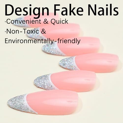 24Pcs Silver French Tips Press on Nails Medium Almond Fake Nails with french-3