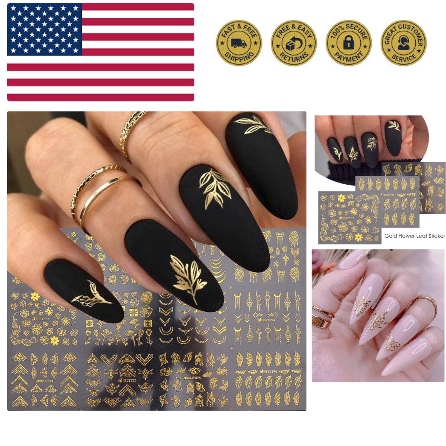 Flowers Nail Art Stickers Decal 3D Self-Adhesive Gold Flower Leaf Lace Nail S…