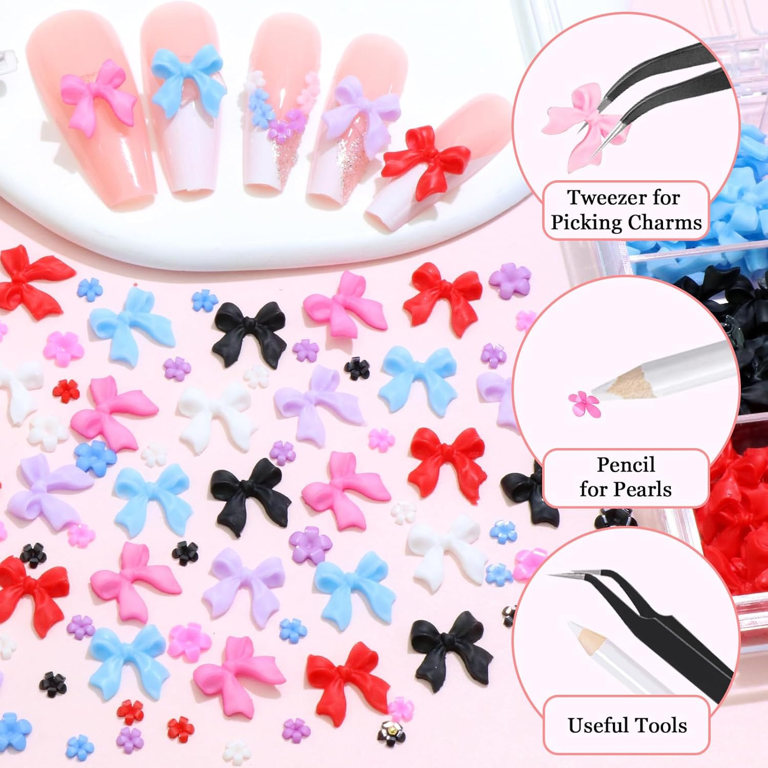 Colorful Bow Nail Charms 6 Colors Mini Flower Nail Art Charm Resin Bowknot Nail