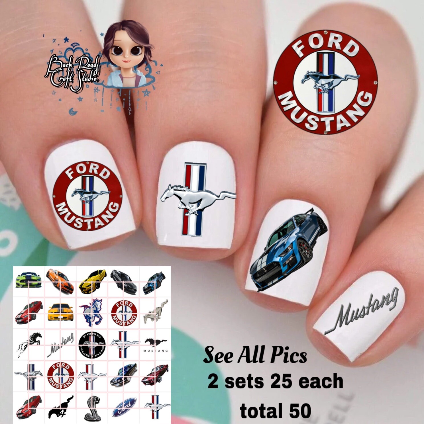 Mustang Cars Waterslide Nail Decals Set Of 50 Bonus & Instructions