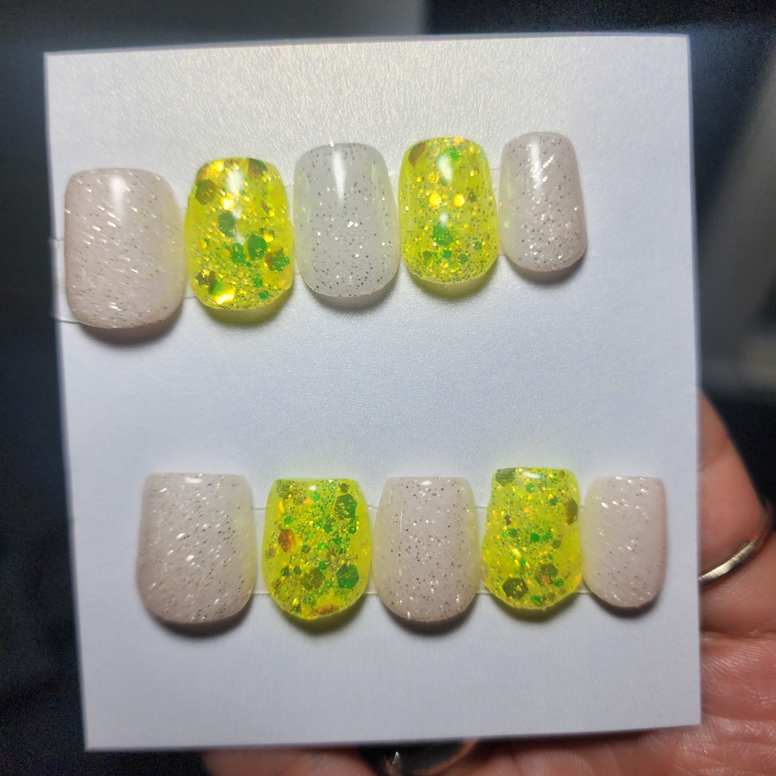 Handmade Acrylic Extra Short Square Press On Nails Medium Size Glitter LemonDrop