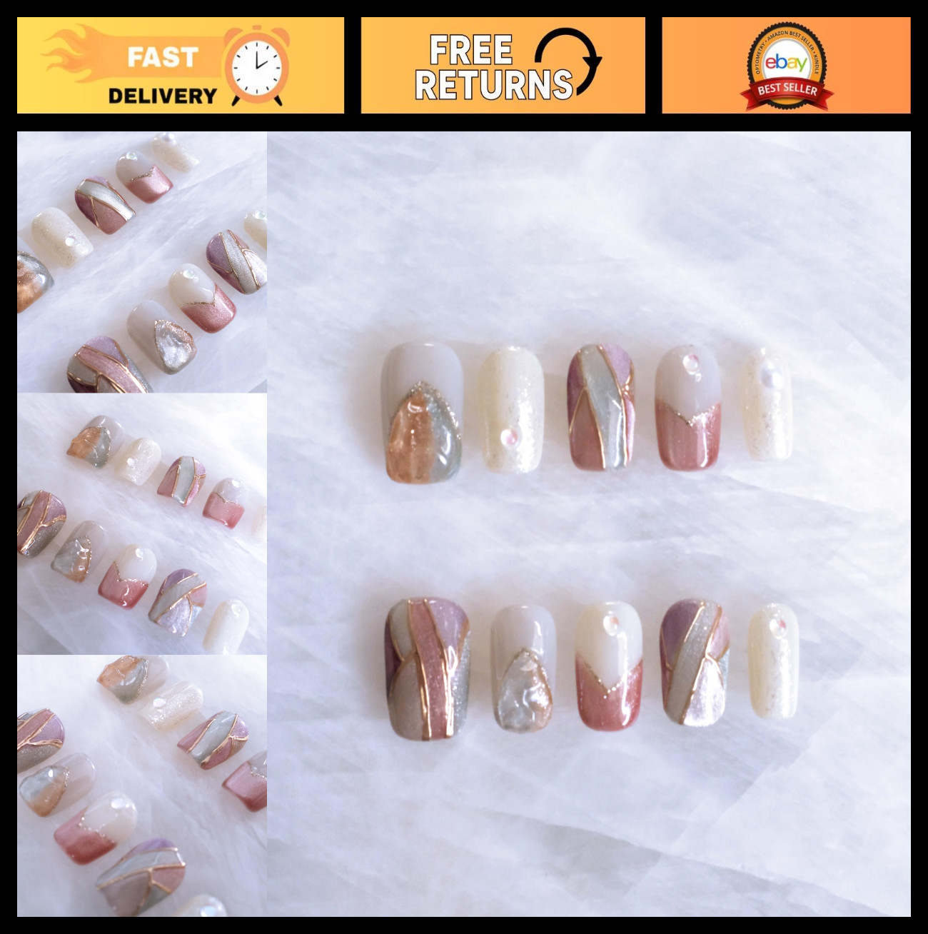 Geometric Cat Eye Press-On Nails – Short Square Gel Fake Nails, 10 Colorful Desi
