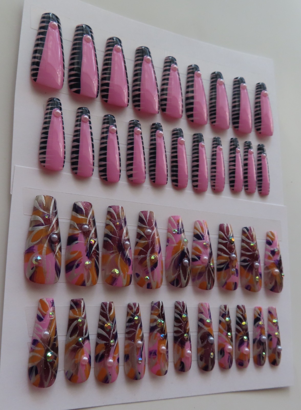 (2) Set Pink Blue French Pearl Tip | Pink Pearl Abstract Coffin Press-On Nail