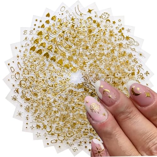30 Sheets Gold Star Nail Art Stickers 3D Self Gold Star Moon Heart Designs