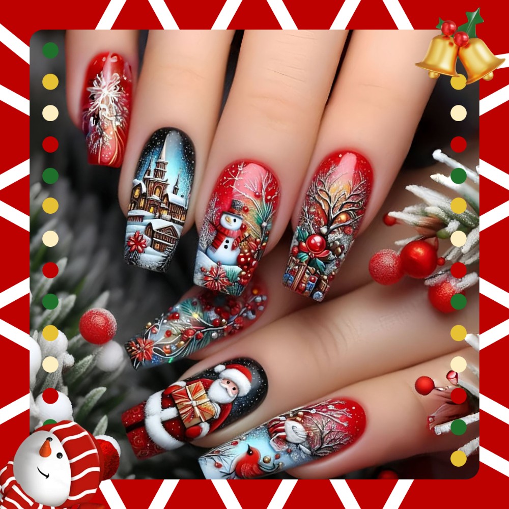 48Pcs Red Xmas Press on Nails Santa Snowman Cabin Hand Painted Fake Nails