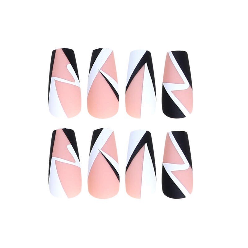 Pink White And Black Abstract Line Press On Nails| Medium Square Press On Nails