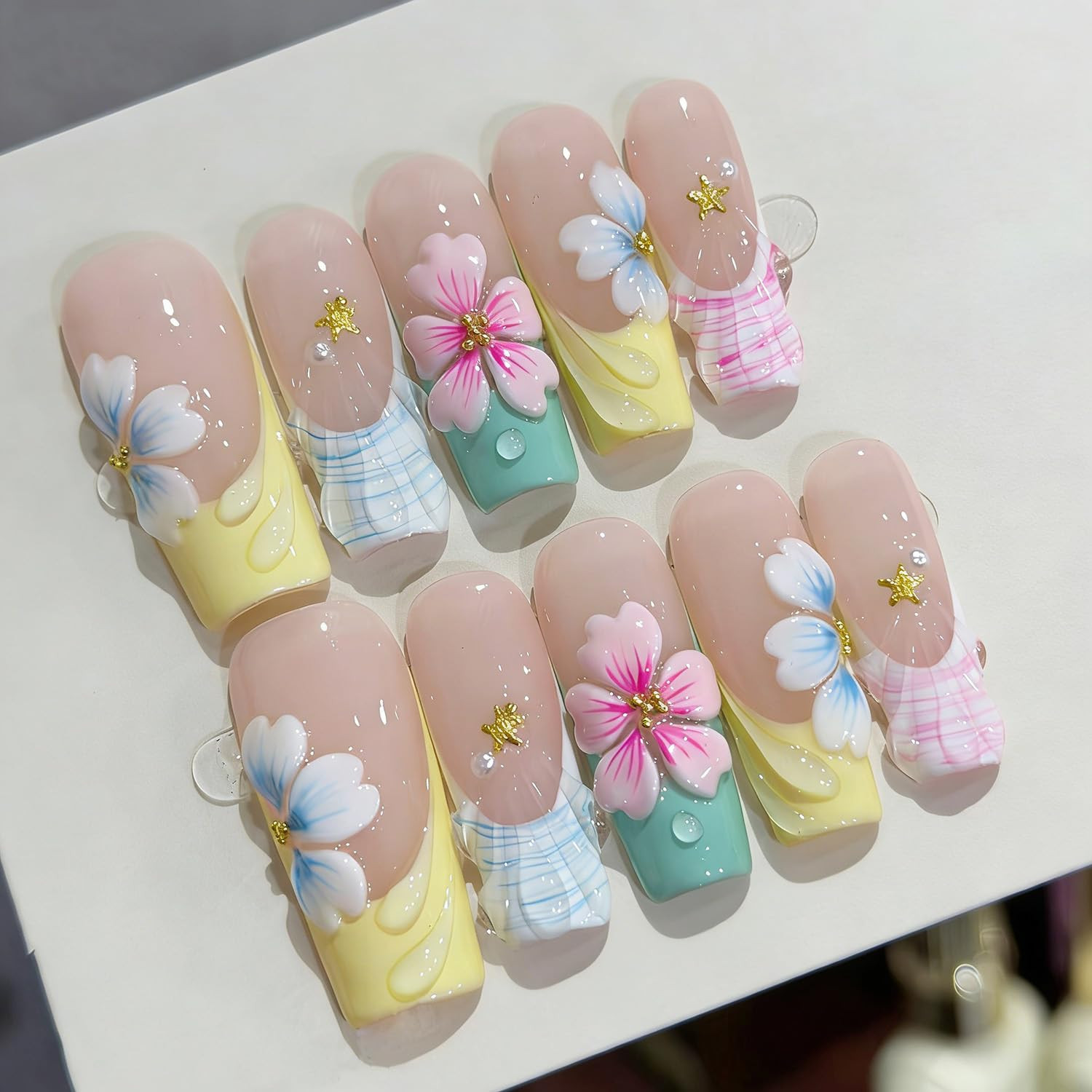 30Pcs Summer Press on Nails Medium Almond French Tip Fake Nails 3D Gold Shell Rh