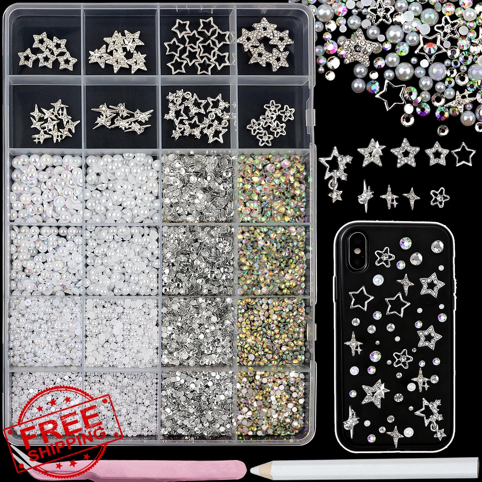 SEMATA Pearl Rhinestone Bedazzling Kit Metal Star Gems Crafting Nails