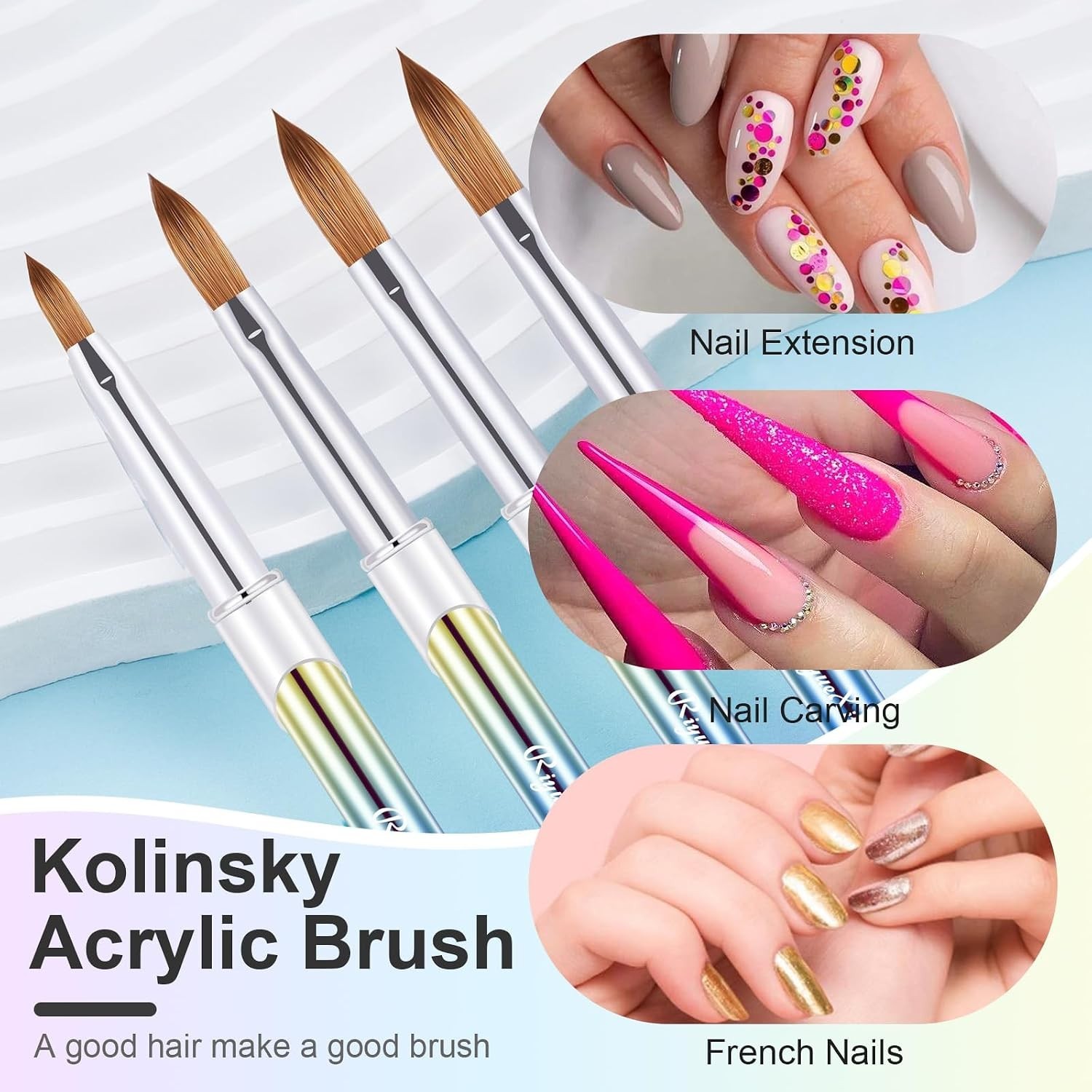 4PCS Acrylic Nail Brush Set, 6/8/12/16. Kolinsky Nail Art Brushes for Applicatio