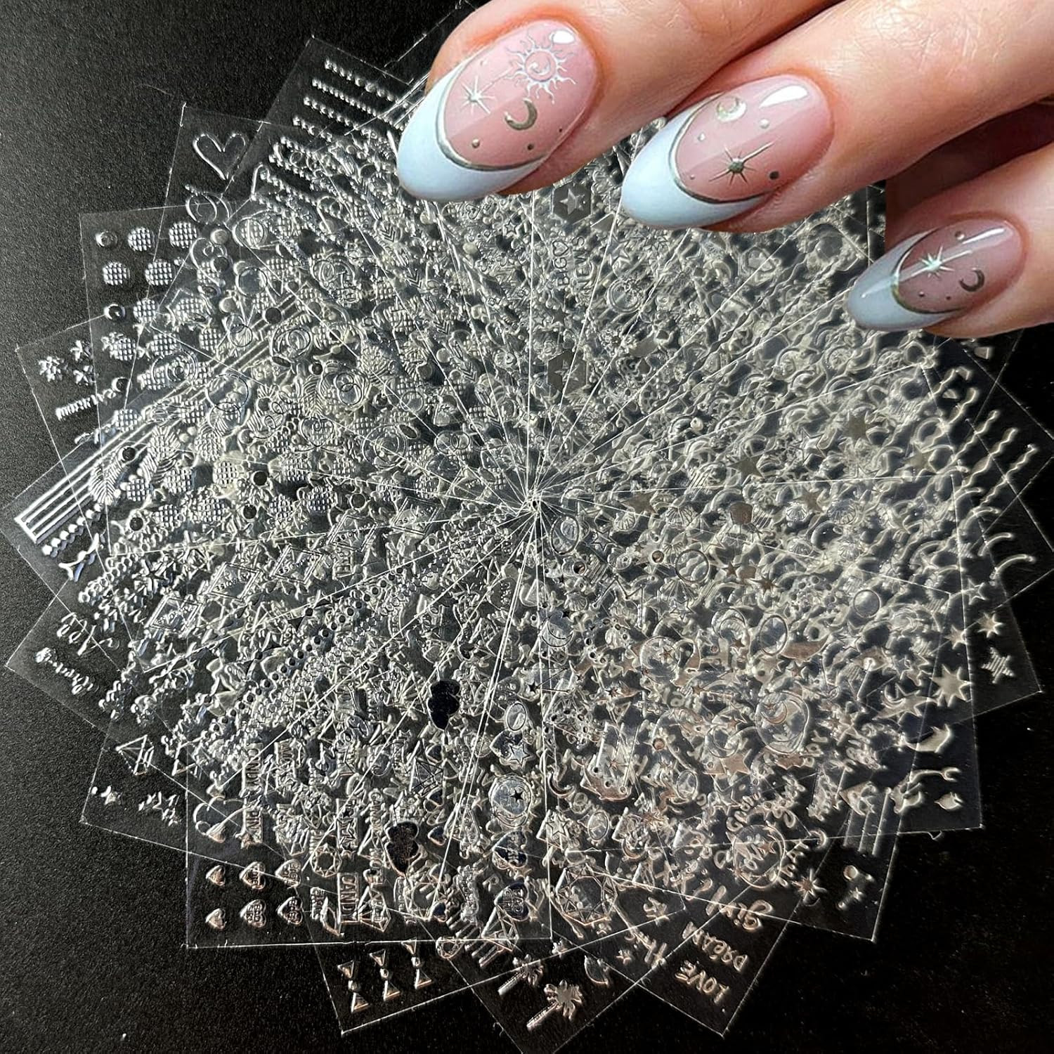 30 Sheets Silver Nail Art Stickers 3D Self-Adhesive Line Nail Decals Silver Star