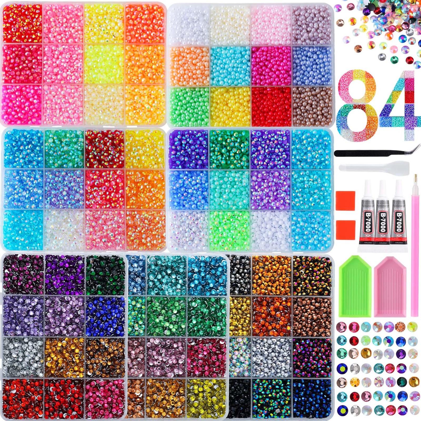 Bedazzling Kit 63000PCS Rhinestones & 12 Colors Half Pearls, 72 Colors 3mm Fl…