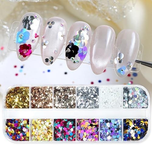 12 Grids Polka Dot Round Sequins Mixed with Colorful Nail Art Glitter Kit – Colo