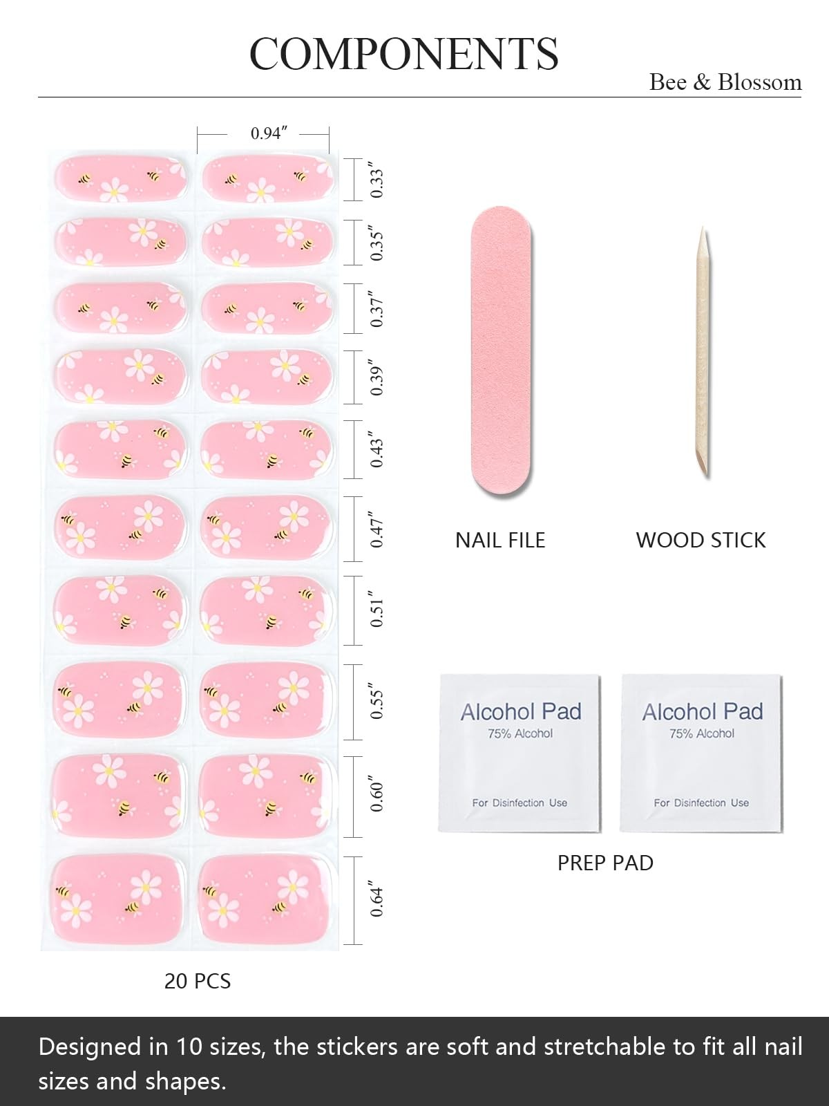 AutyaMee Semi Cured Gel Nail Strips (Bee & Blossom), 20 Pcs Gel Nail Wraps, S…