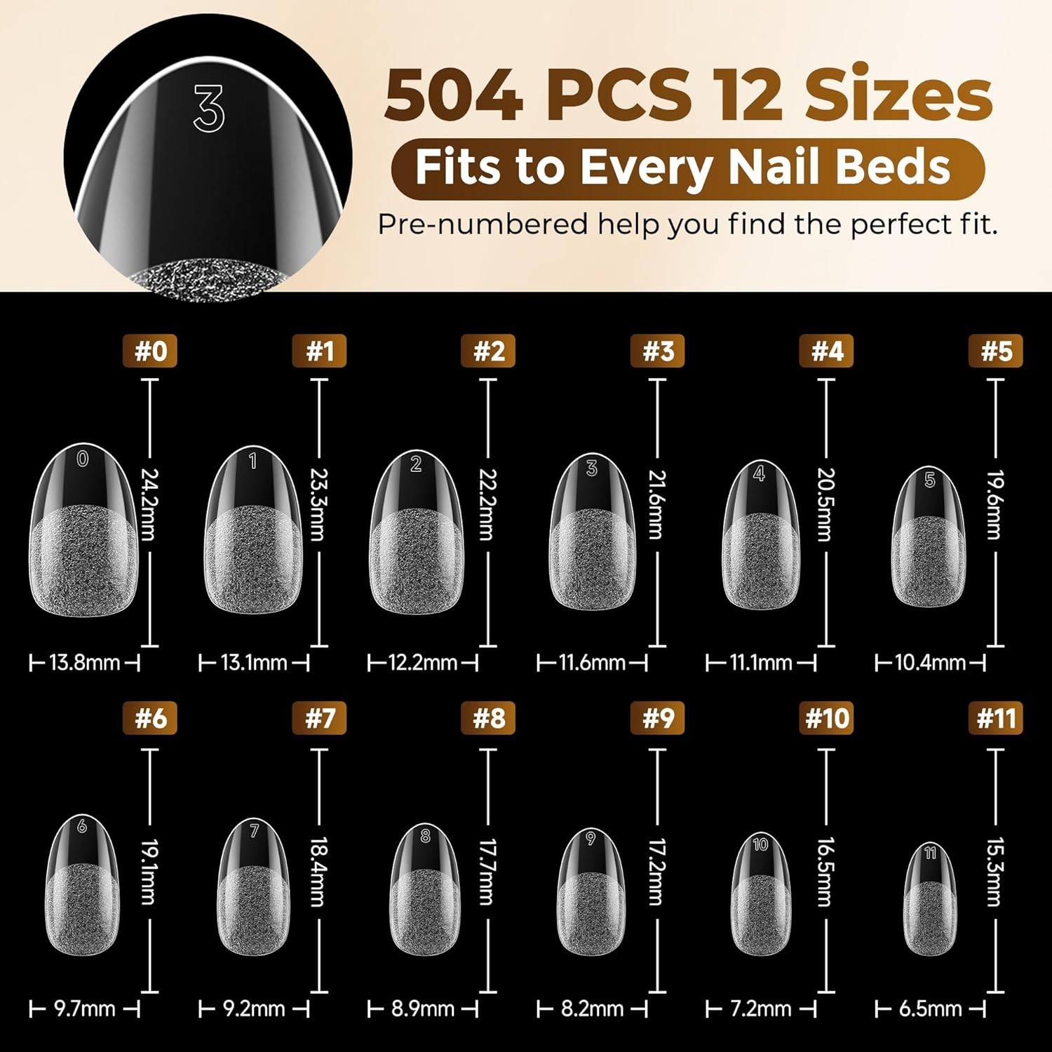 UNA GELLA Oval Fake Nails 504pcs Almond Gel Tips Full Cover Soft Gel 12 Sizes