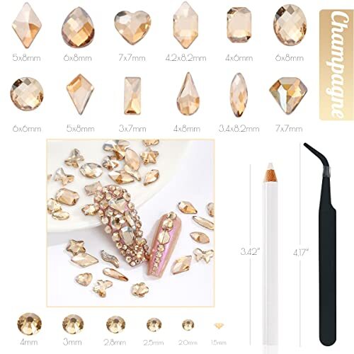 2630Pcs Gold Nail Rhinestones 120 Multi Shapes Crystal Flatback A Set Champagne