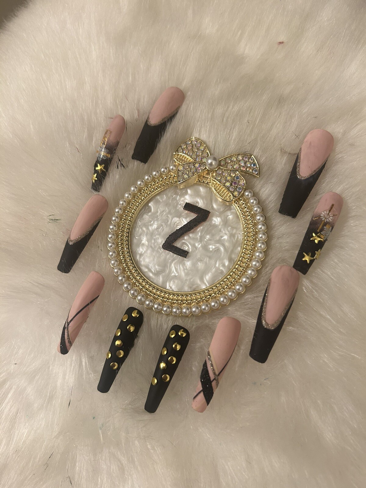 Z NAILZ! Gorgeous Handmade 2XL Matte Black/Gold/Nude Press On Nails 💅