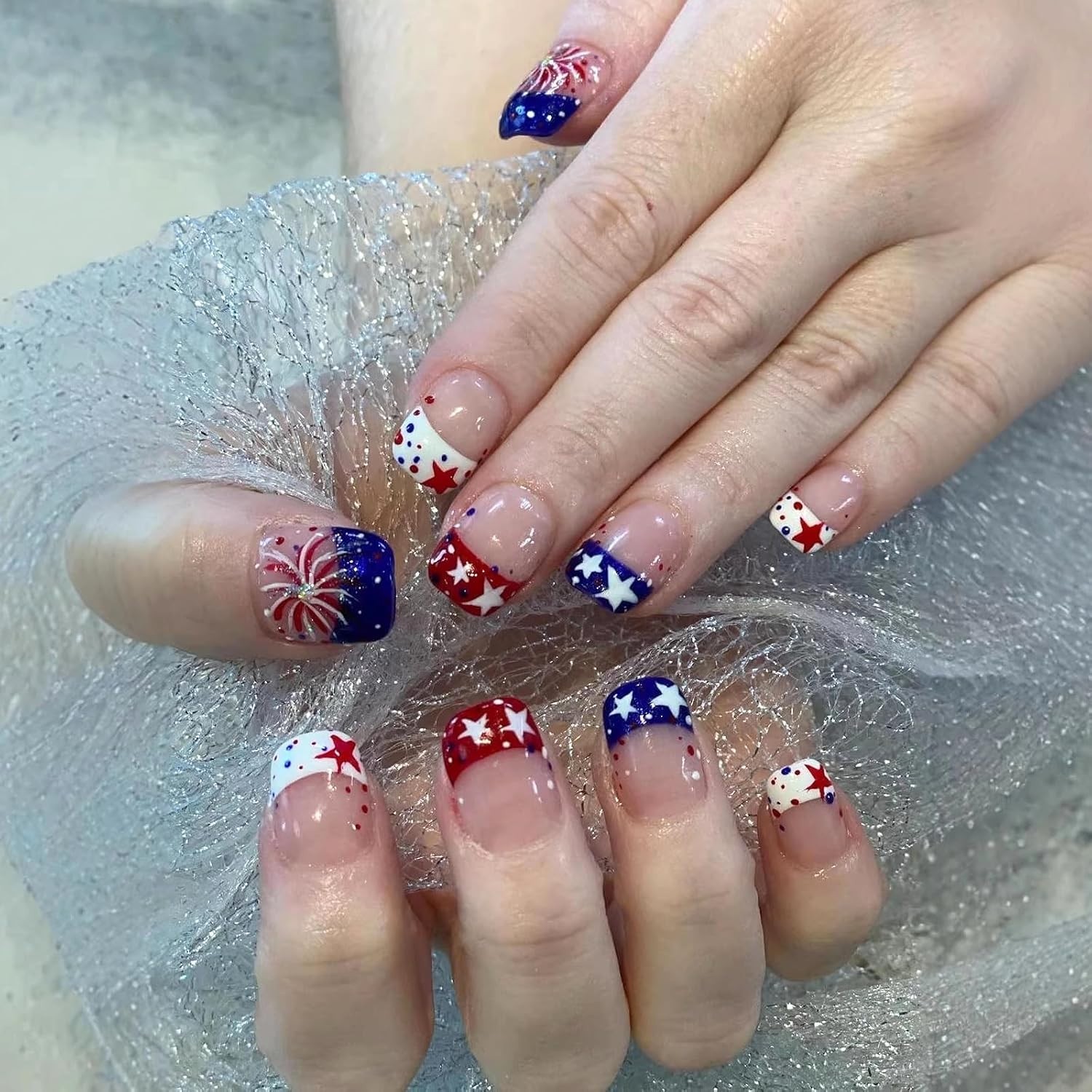 Acrylic Short Square Fake Nails Set – 4th of July French Tip Design (24 Pcs)
