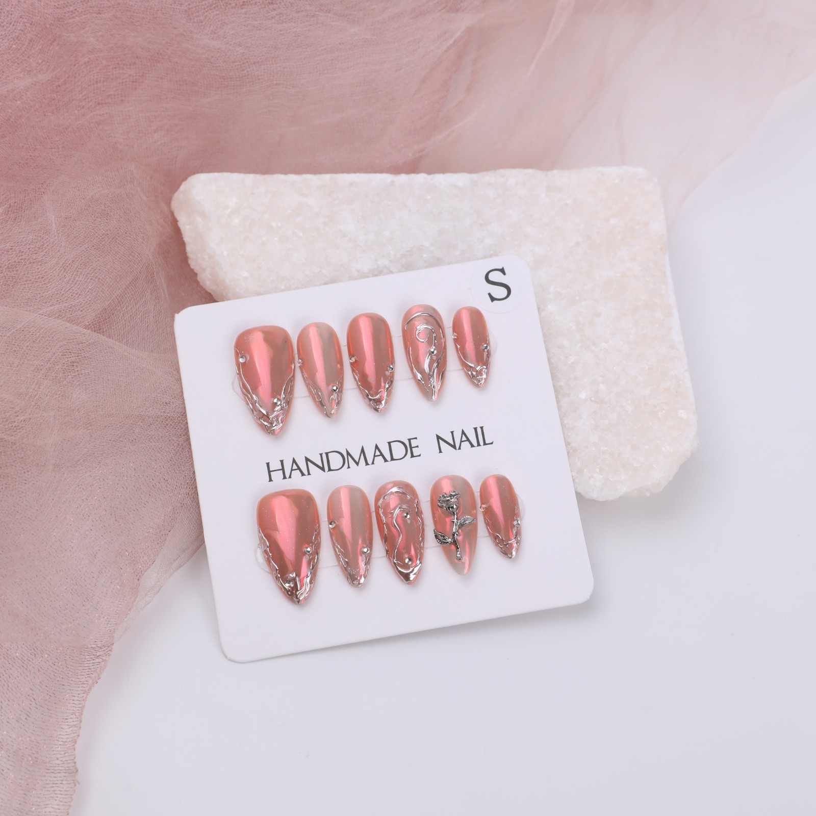 Handmade Chrome Pink Press On Nails Medium Almond 3D Metal Rose Y2K Punk Glam