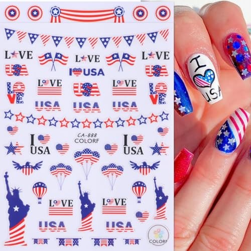 10 Sheets 4th of July Nail Art Stickers Patriotic Nail Decals 3D Self Modern