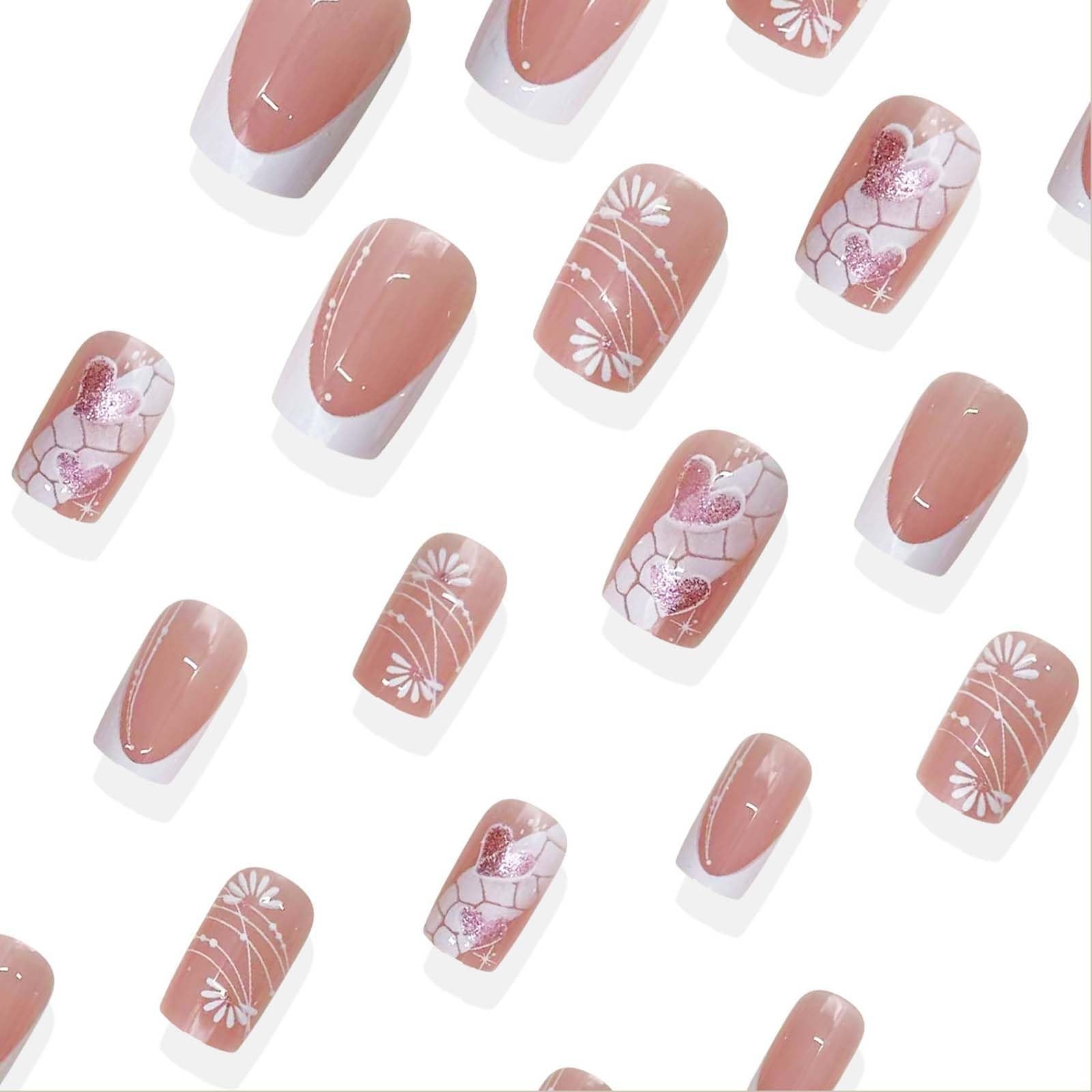 24Pcs Valentines French Tip Press on Nails Short Square Glitter Heart Fake Na…
