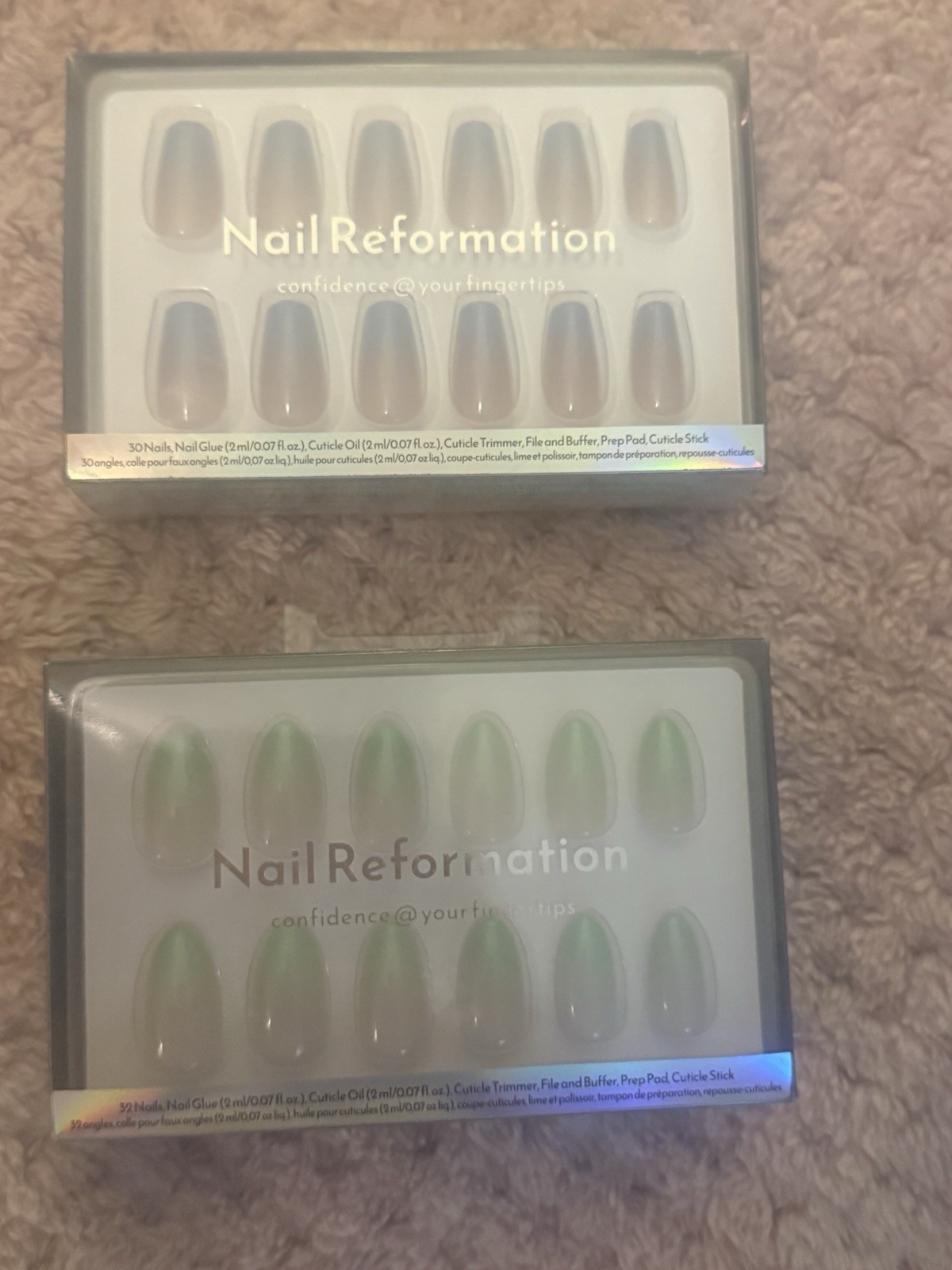 Nail Reformation Press-On Nails Almond Shape Blue Green Nude Shiny UV Luxury