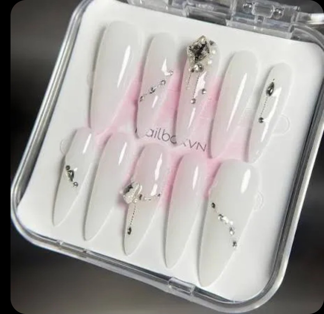 Long Coffin Press-On Nails Set, White & Pink Shiny Pre-Designed Rhinestone