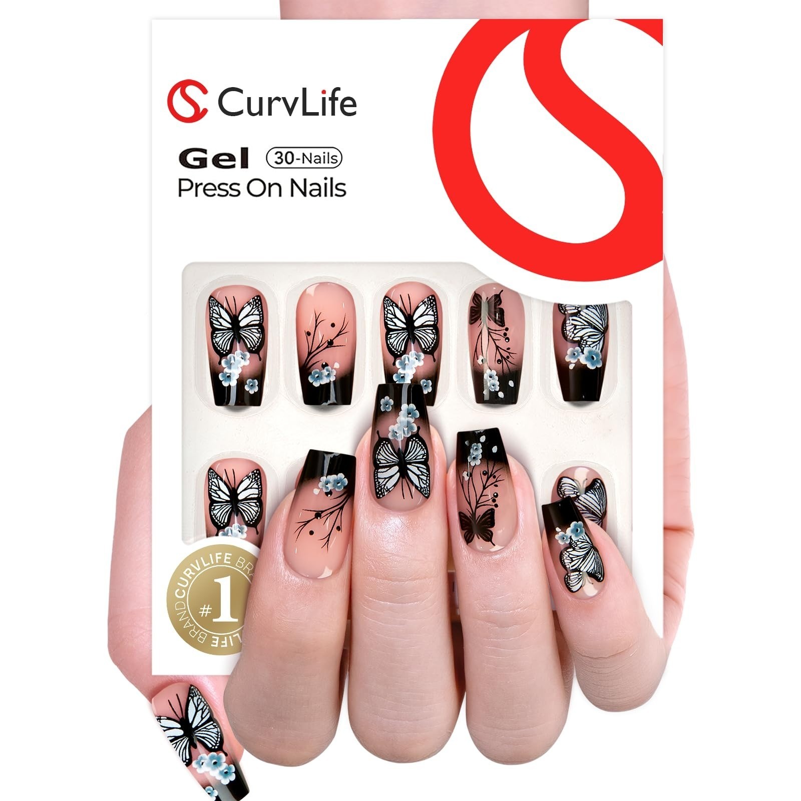 30pcs Press On Nails, Acrylic Black Butterfly Design, Full Cover