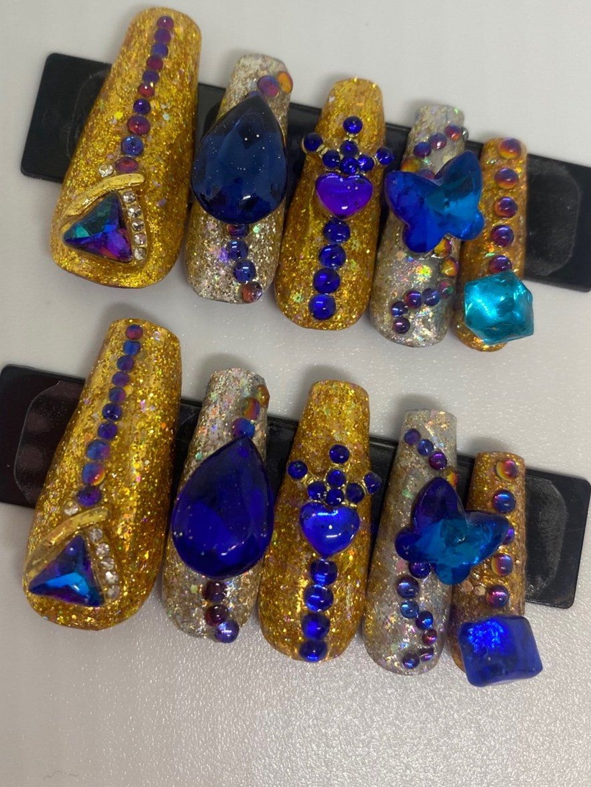 Silver and Gold Foils with Blue Jewels Handmade Press On Nail Set