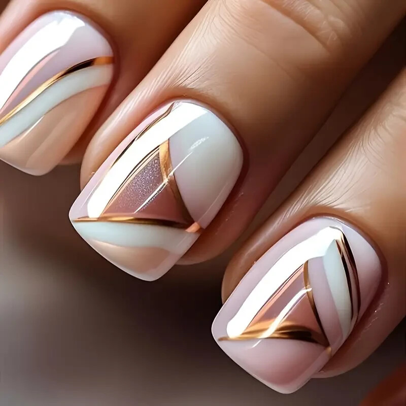24 Pcs Glossy Short Squoval Press-On Nails with Golden Tips – Elegant Style