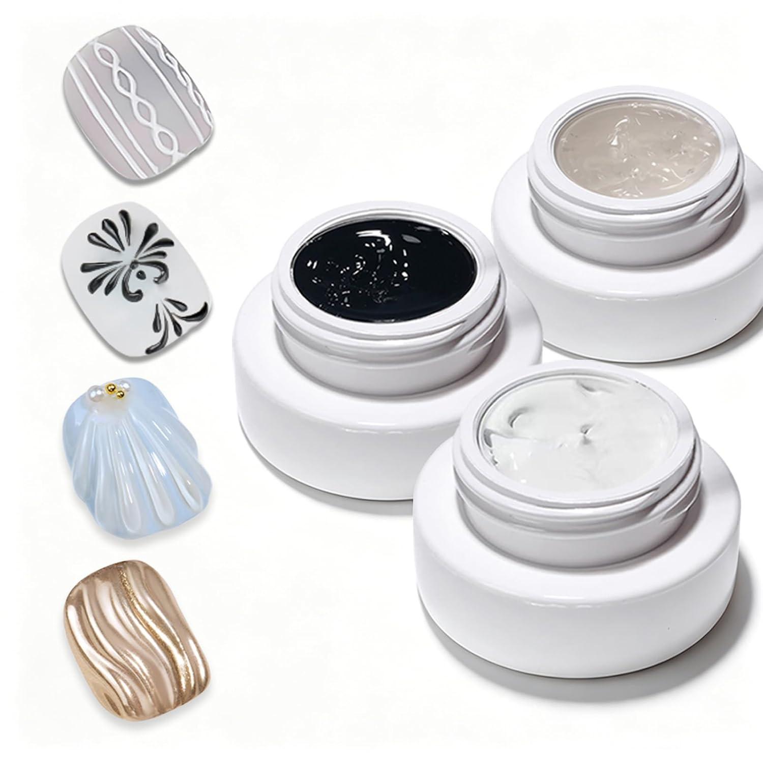 3Pcs Solid 3D Nail Sculpting Gel for Nail Art, White Black Clear 3D Nail Art Gel