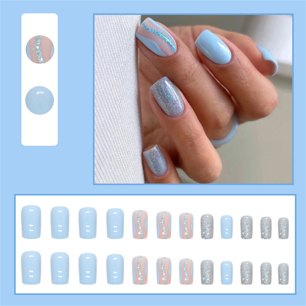 Light Blue Waves False Nail Medium Square Press on Nails for Nail Art 24pcs