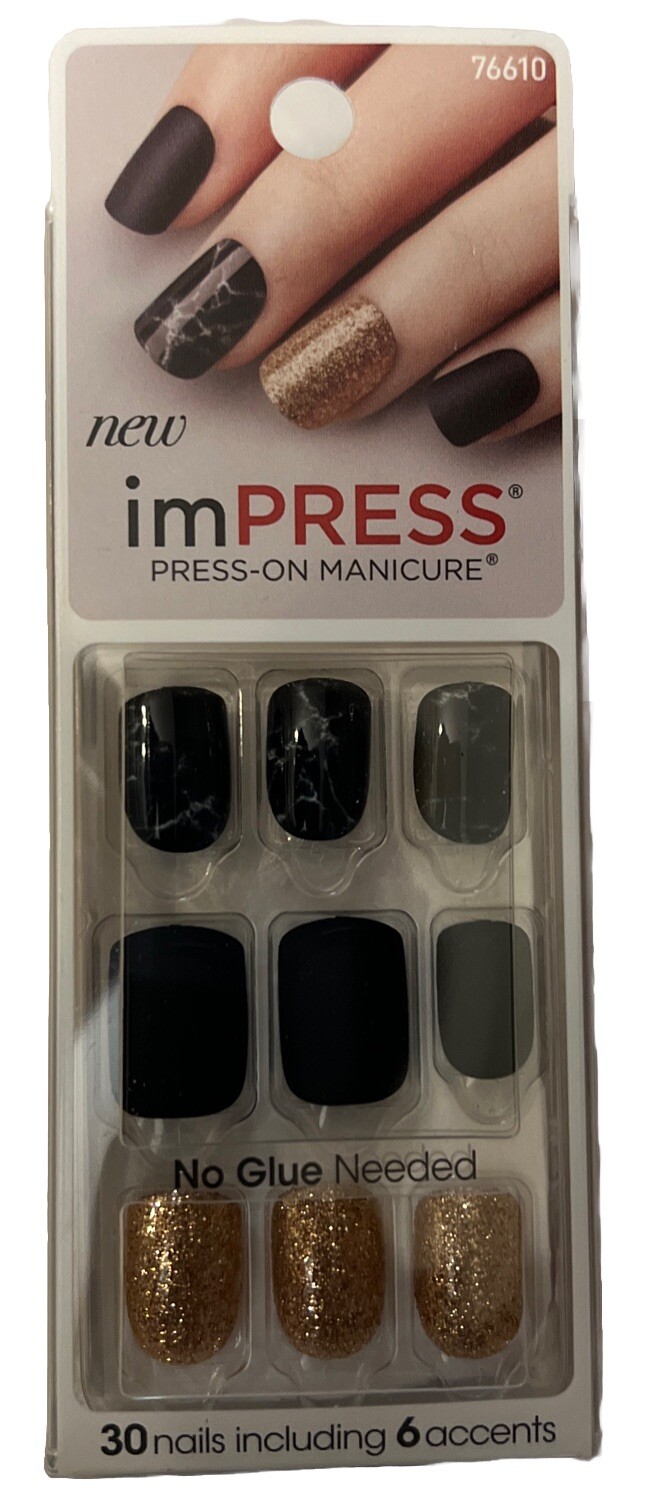 Kiss Nails Impress Press On Manicure #76610 Yeah Boy (Black Marble Gold Glitter)