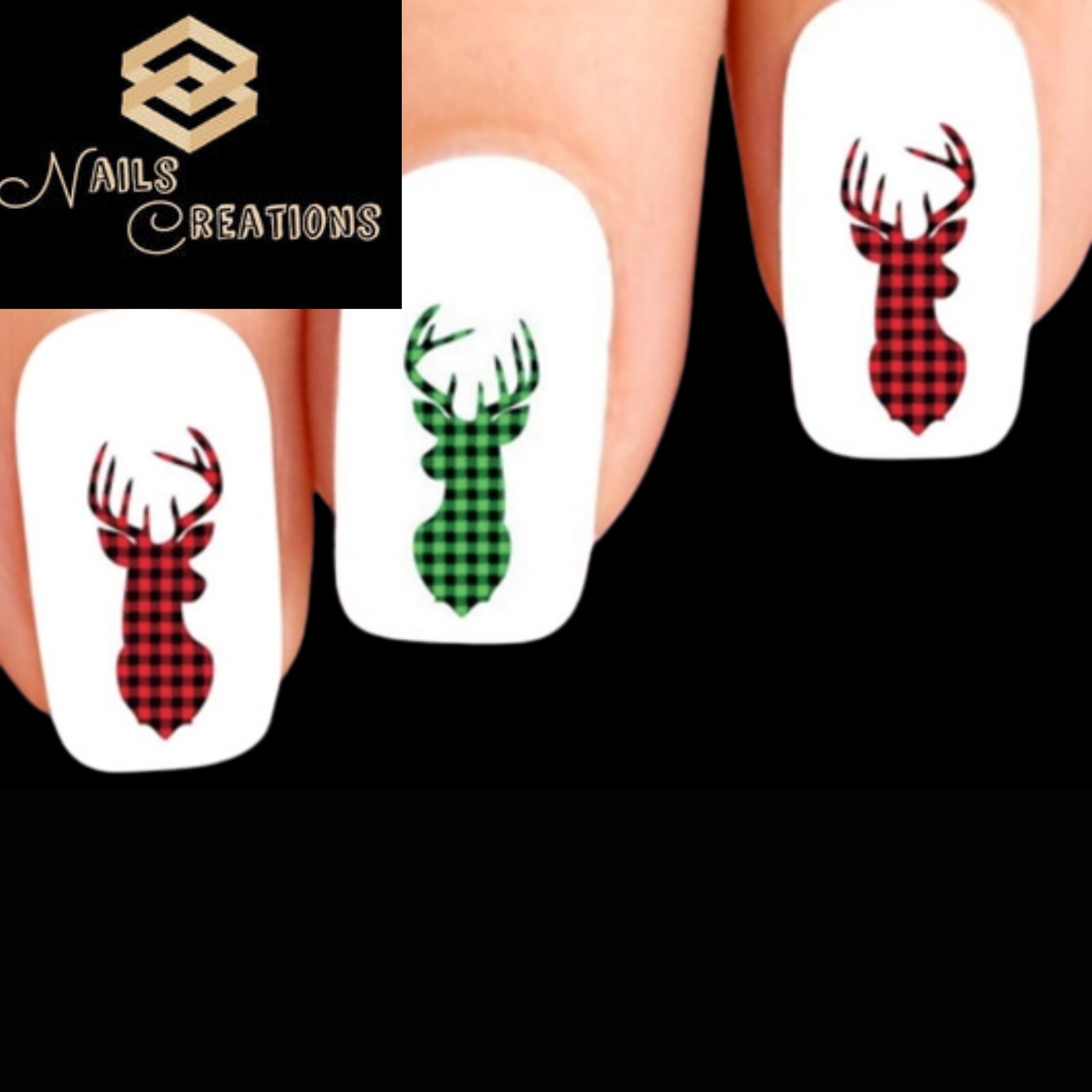 Red & Green Buffalo Plaid Deer Assorted Set of 20 Waterslide Nail Decals
