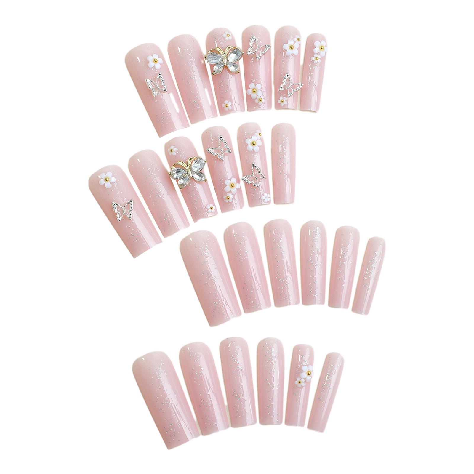 Elegant Long Nail Art Decals Silver Rhinestone Flower Butterfly Design 24 Pieces