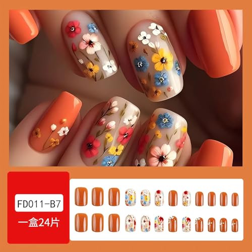 Short Spring Fake Nails Square Flower Press on Nails – SINSEN 24Pcs False