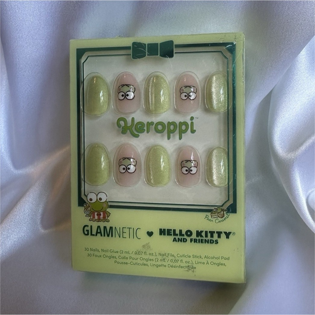 Glamnetic Hello Kitty and Friends Keroppi Shiny Press-On Nails Green Pink Oval