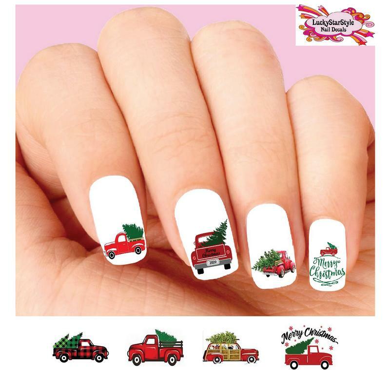 Waterslide Nail Decals Set of 20 – Red Merry Christmas Tree Truck Assorted