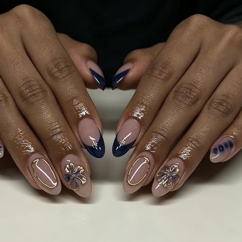 Medium Press on Nails Almond Flower Blue French Tip Blue Gold Flower Style