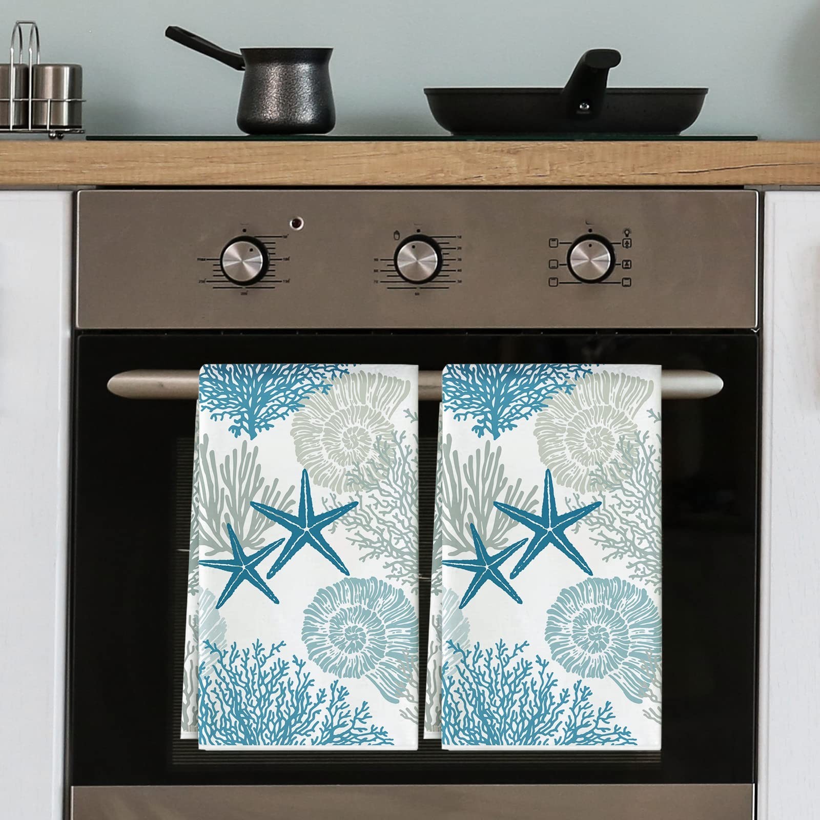 AnyDesign Ocean Theme Kitchen Dish Towel Beach Seashell Coral Starfish Hand D…