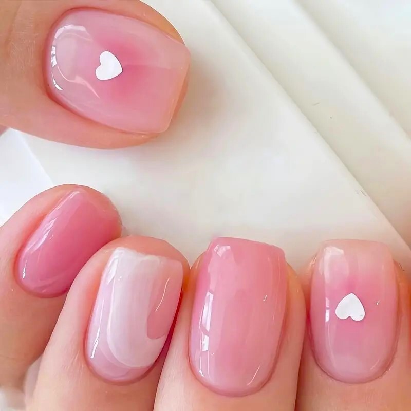 24 Fake Nails Pink Hearts Press On Style Kit Glam Vacation Shinny Reusable