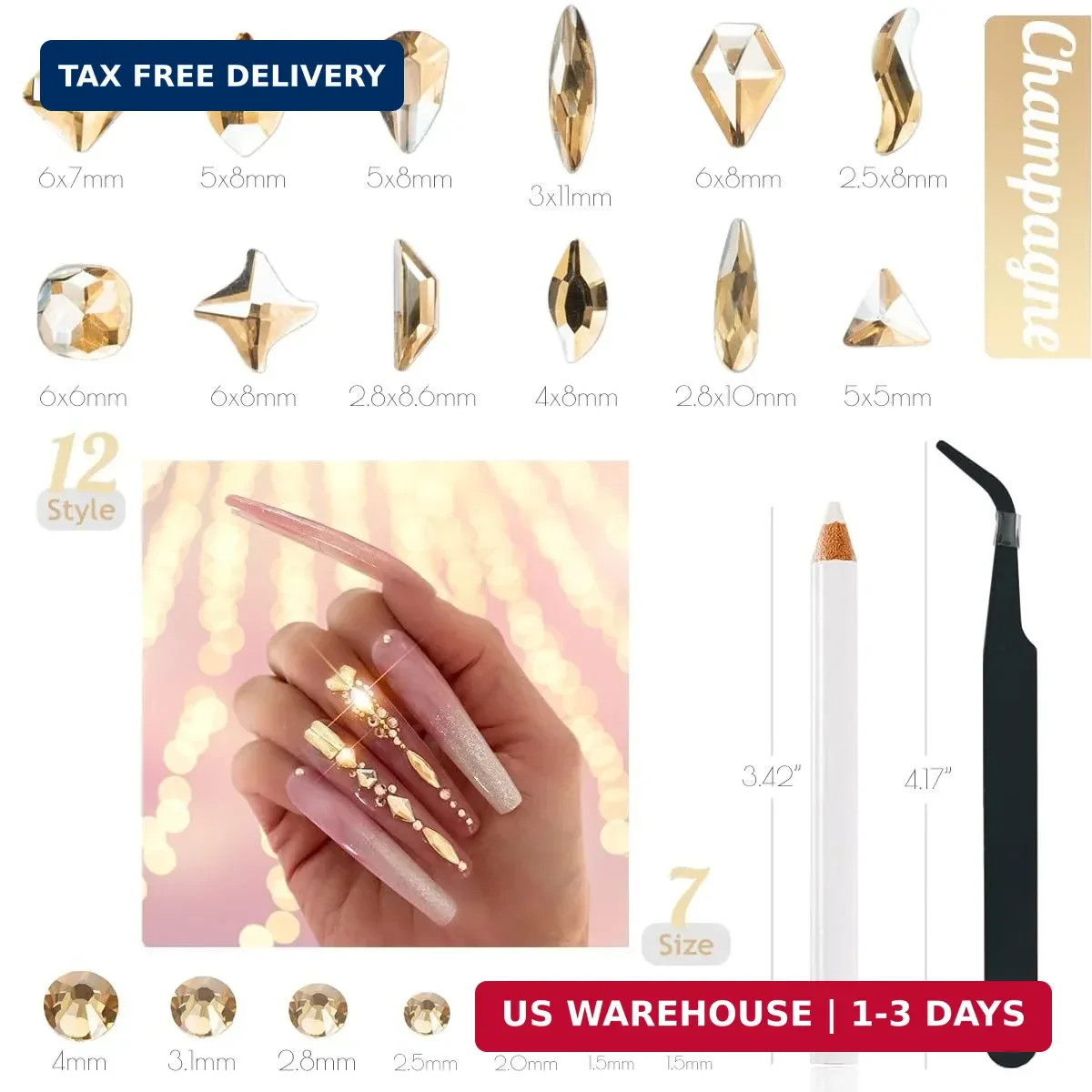 qiipii 4080Pcs Champagne Golden Nail Rhinestones Flatback Gold Crystals Gems Rou