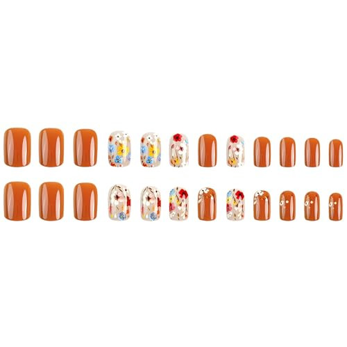 Short Spring Fake Nails Square Flower Press on Nails – SINSEN 24Pcs False