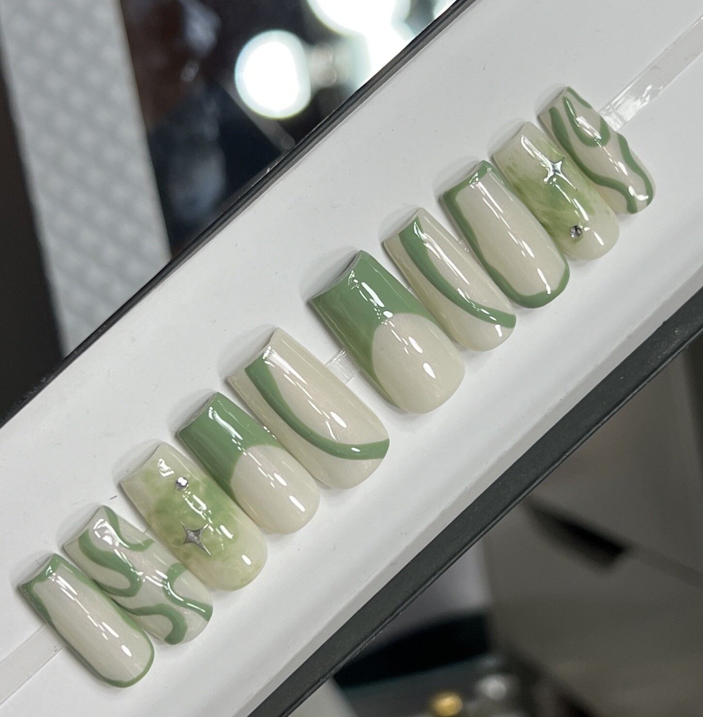 ✨ CUSTOM Hard Gel Press On Nails, OLIVE GREEN Nude Star W BLING 10p SET W Kit