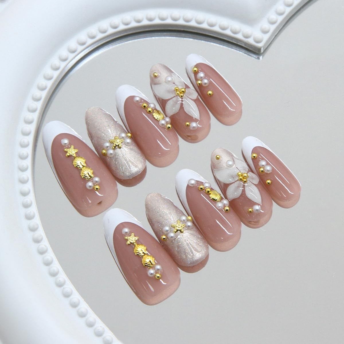 3D Flower French Press on Nails Almond Medium Summer Fake Nails with Gold Sta…