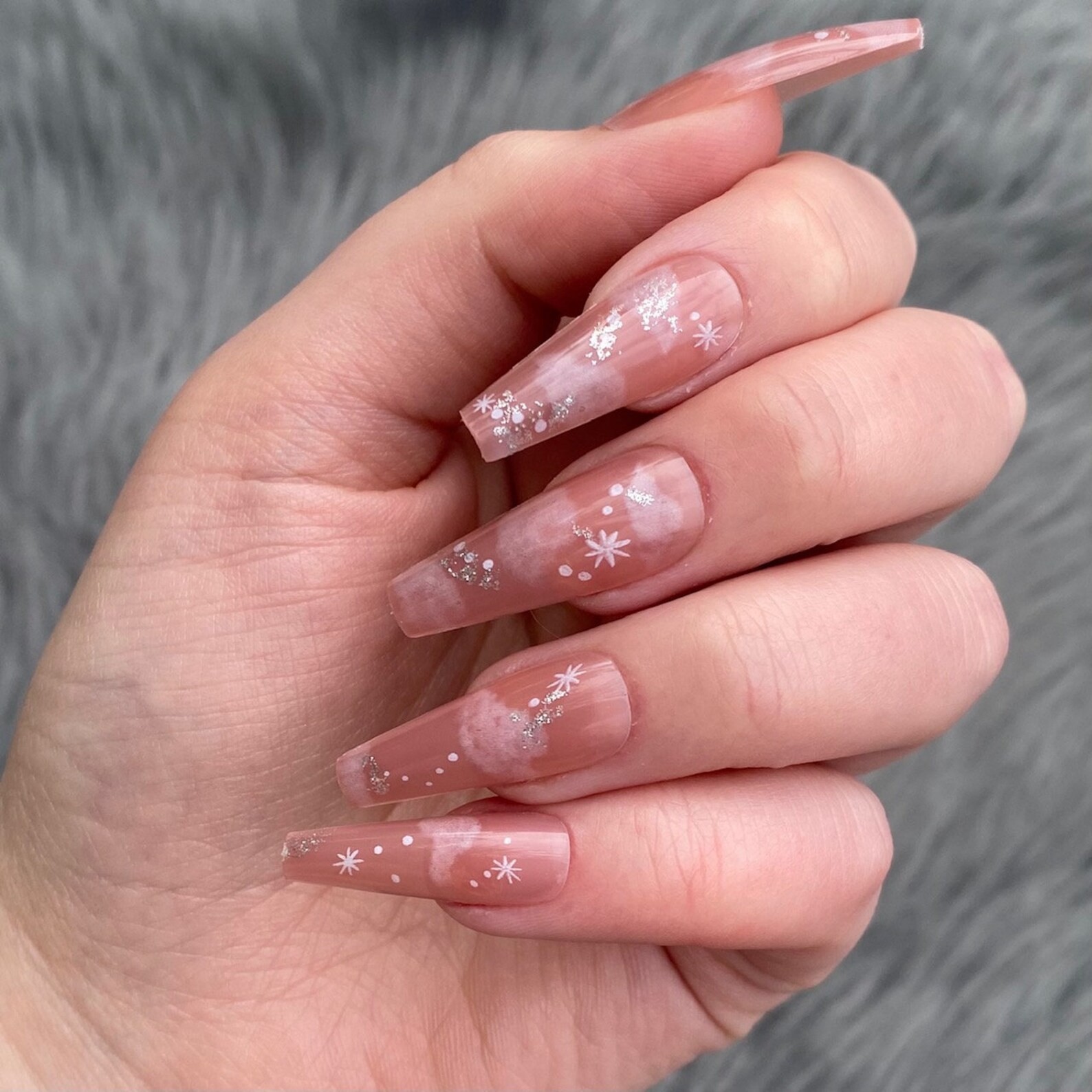 Nude Long Coffin Cloud Pink Dreamy Press On Nails 24pcs All Sizes Fake Nails NEW