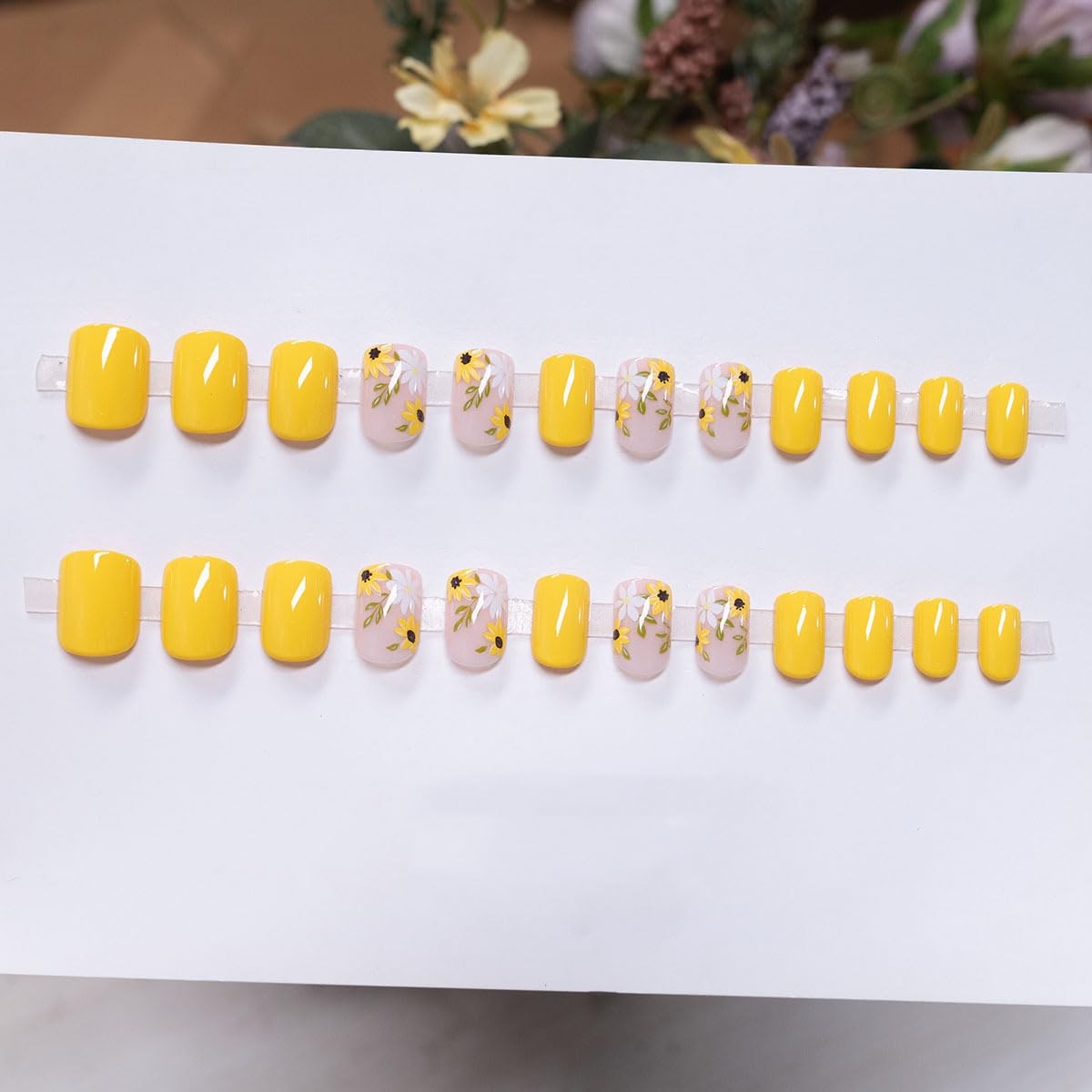 24 Pcs Yellow Press on Nails Short Square Flower Nail Tips,YEFIUO Artificial …
