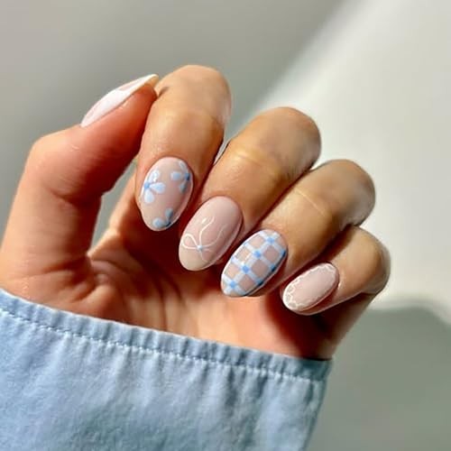 Short Almond Press On Nails Line Fake Nails Press Ons With Flower Bow design-4