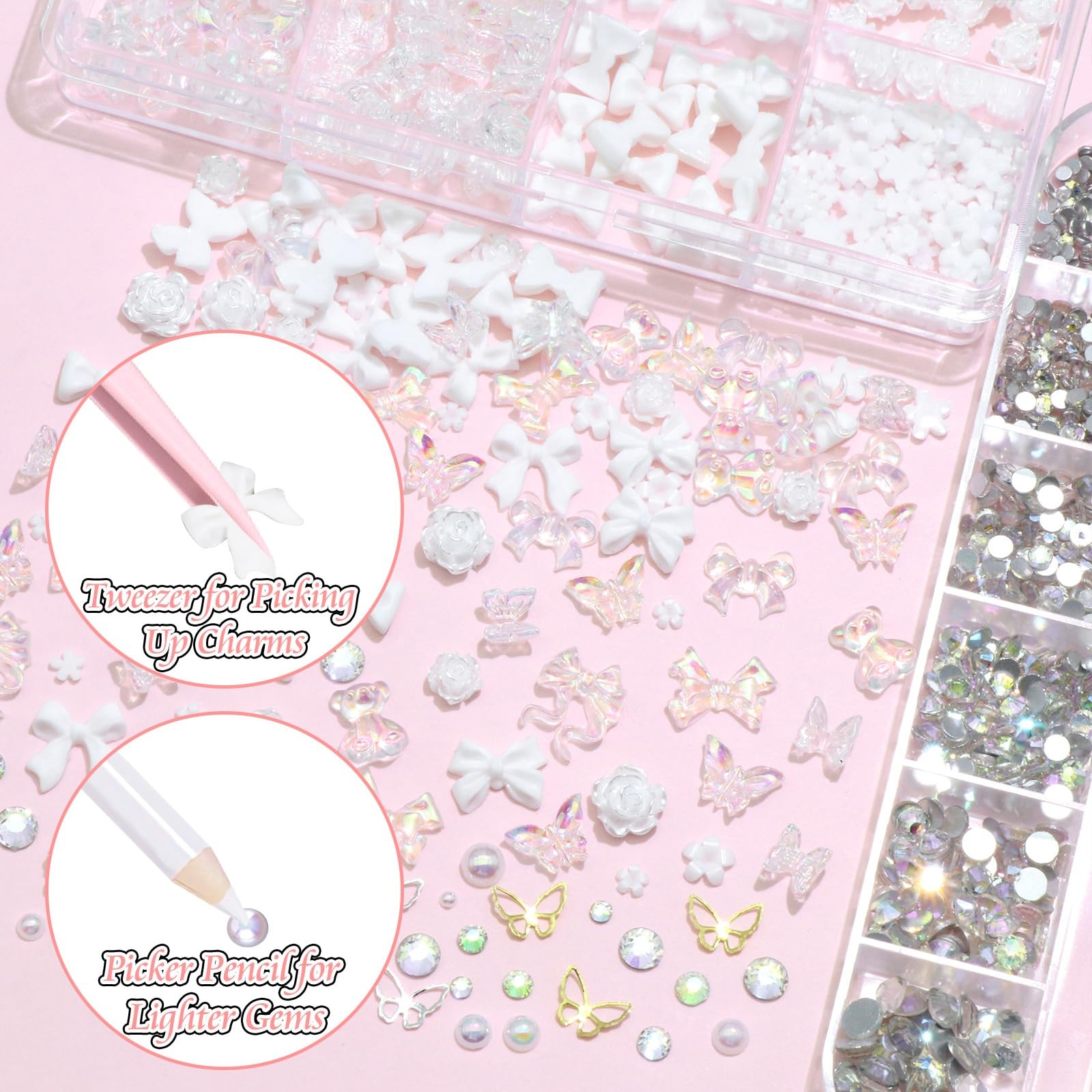 3D Nail Charms Set White Assorted Butterfly Flower Bear Charms for Nails Acry…